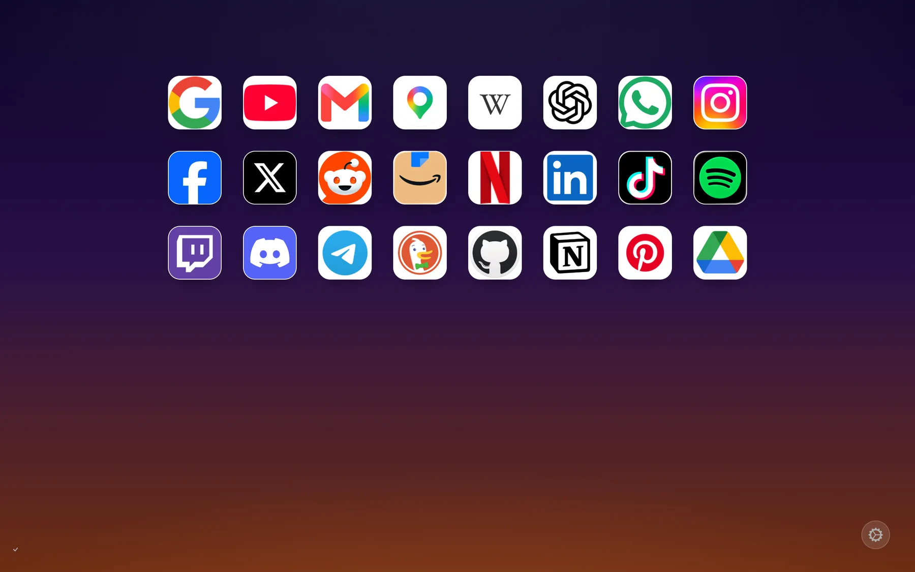 The Favorites start page: your favorite sites as a clean app grid on a dusk wallpaper.